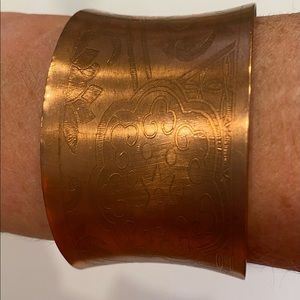 Copper cuff bracelet adjustable with etched floral design